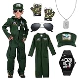 BIQIQI Kampfjet Pilot Kostüm Kinder, Jetpilot Kostüm Kinder Flieger Kostüm mit Piloten Overall Uniform Kappe Handschuhe Sonnenbrille Uhr und Erkennungsmarke Halloween Fasching Karneval Kostüm Cosplay