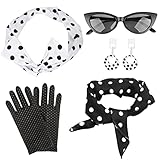 Aurasky Rockabilly Accessoires 50er Jahre, Kostüm Damen Zubehör Schwarz, Kleidung Vintage Zubehör 60er mit Stirnband Schal Brille Handschuhe Kleid für Karneval Motoparty Retro Teily Party