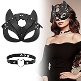 Catwoman Maske Und Choker-Set, Katze Maske Leder Maske Katzenmaske Maske Damen Schwarze PU Katzenmaske Maskerade Maske Halbgesichtsmaske FüR Halloween Cosplay (Leder1)