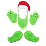 Yearsahrk Grüne Grinch Handschuhe Pelzige Hände Monster Schuhüberzüge Weihnachtsmütze Weihnachts Kostüm Requisite Halloween Accessoires Geschenke (4 Stück)