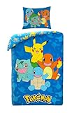 Halantex Bettwäsche Pokemon mit Pikachu, Glumanda, Schwertkäfer und Bulbizarr, Bettbezug 140 x 200 cm + Kissenbezug, Blau, POK579