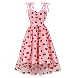 Odizli Rockabilly Kleider Damen 50er Jahre Petticoat Kleid Vintage Elegant Spaghettiträger Erdbeere Mesh Sommer Swing Tüllkleid Festlich Hochzeit Partykleid Kurz Coctailkleid Erdbeere XL