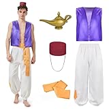 BuzzoXerex Aladdin Kostüm Herren, Aladin Kostüm Mann, Kostüm Aladdin mit Lampe und Hut, Aladin Verkleidung für Karneval Fasching Mottoparty Cosplay Halloween(XL)
