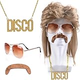 NebulaGlam 80er Jahre Outfit Herren Perücken, Männer Karneval Fasching Blond Perücken, Wig Sonnenbrille Halskette Schnurrbart, Vokuhila Perücke für Halloween Fasching Karneval 70er 80er Kostüm Party