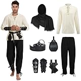 AJGEGJE Mittelalter Kleidung Herren, 7 Stück Herren Renaissance Kostüm Set, Mittelalter Viking Kostüm mit Piratenhemd Lang Hose Gürtel Handgelenkgurt (Schwarz, M)
