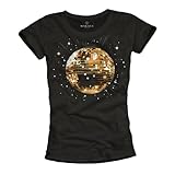 MAKAYA Disco Outfit Party Oberteil Damen Shirt Discokugel Sommer Top Frauen Tshirt Schwarz Größe M