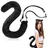 Boyiee Katzenschwanz Langer Flauschiger Plüsch Tierschwanz Katze Kostüm Damen Kostümzubehör Therian Schwanz Fuchsschwanz Katzen Cosplay Zubehör für Karneval Fasching Halloween Tier Party(Schwarz)