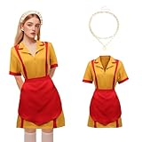 2 Broke Girls Kostüm, Karneval Kleid Caroline und Max Kostüm Faschingskostüme Damen Kellnerin Kostüm mit Schürze Halsketten für Frauen Karneval Fasching Cosplay Motto-Party (XXL)