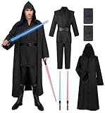 Jedi Kostüm für Herren mit Blau Lightsaber, Obi Wan Kenobi Tunika Kapuzenmantel Outfit Umhang mit Kapuze Mittelalterlich Hoodies Jedi Robe Cosplay Set für Männer Halloween Karneval G060L