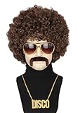Topcosplay 4er Set Afro Perücke Herren mit Sonnenbrille Schnurrbart Halskette 70 80er Jahre Perücke Vokuhila Disco Perücke Hippie Perücke Halloween Karneval Kostüm (Dunkelbraun)