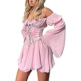 Prinzessin-Kleid für Damen mit Puffärmeln, Tülle, Rüschen und Netzstoff, Langarm, für Hochzeiten, Party, Mini Feen-Kleid (Rosa, S)