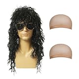 AYNKH 70er 80er Jahre Heavy Metal Disco Perücke Halloween Kostüme Rocking Dude Perücke Hard Rocker Perücke Rock Star Heavy Metal Lange Lockige Schwarz Kostüm Perücke Zubehör Vintage Rocker Perücke mit