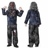 Herenear Halloween Zombie Kostüm, Zombie Kostüm Kinder, Gruseliges Lebende Tote Zombie Kostüm mit Skelett Gesichtsmaske, Halloween Kostüm Kinder für Karneval Party Cosplay - M (135-150 CM)