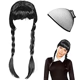 QJFHURB Wednesday Perücke Damen Wednesday Perücke Kinder Wednesday Perücke Schwarze Perücke Kinder Perücke Wendsdey Schwarze Perücke Mit Zopf Kinder Perücke Schwarz Wednesday Perücke Mit 1 Haarnetz