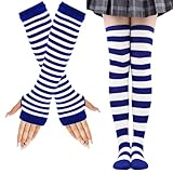 LUKIUP KniestrüMpfe Regenbogen Anzug, Gestreifte Warme Fingerlose Handschuhe Kniehohe Socken Set, Mädchen Damen Extra Lange Socken für Halloween Cosplay Gestreifte Lange Socken(Blau/Weiß)