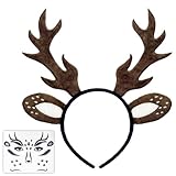 DADAPANGHU Karneval Kostüm Damen Mädchen, Reh Haarreifen Damen, Reh Geweih Haarreif + Glitzer Reh Gesichtstattoo Karneval, Reh Ohren Haarreif Rentier Haarreif Fasching Mottoparty Cosplay