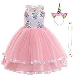URAQT Mädchen Prinzessin Kleid, Mädchen Einhorn Cosplay Karneval Verkleidung Party Hochzeit Prinzessin Kleid mit Halskette und Stirnband, 110CM, Rosa