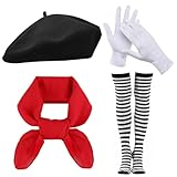 HOWAF Pantomime Kostüm Damen Herren, Schwarz Baskenmütze Barrett Mütze Pantomime Hut, Tuch Rot, Strümpfe Schwarz Weiß Gestreift, Handschuhe für Halloween Kostüm, Faschingskostüme Karneval Kostüm