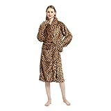 Bedruckter Bademantel Damen Frottee, 100% Flanell, Kuschelfleece Bademäntel, Leopard, One size