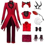 HSZSSMW Alastor Hazbin Hotel Cosplay-Kostüm mit Perücke, Brille, rotes Set, Halloween Alastor Cosplay Komplettset (Rot, M)
