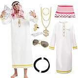 Dzorim Arab Costume Araber Scheich Kostüm Herren Faschingskostüm Araber Saudi Arabien Set Weißes Gewand mit Kopftuch Ring Halskette Sonnenbrille Carnaval