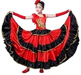 EFLALYHG Rotes Bauchtanzkleid für Mädchen, Flamenco-Röcke, spanisches Tanzkleid für Mädchen, Party, Tänzerin, Kostüm,360°,150