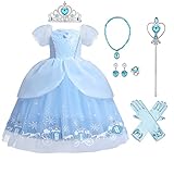 Mädchen Cinderella Kostüm Kinder Aschenputtel Kleid Karneval Fasching Cosplay Kurzarm Prinzessinenkleid Tüll Maxikleid Halloween Geburtstagsfeier Festliches Festkleid mit Zubehör Himmelblau 4-5 Jahre