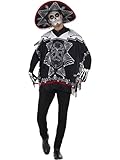 Smiffys Tag der Toten Banditenkostüm, Schwarzund Weiß, mit Poncho, Sombreround Handschuhen