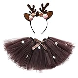 Odizli Weihnachten Kostüm Kinder Mädchen Elch Cosplay Verkleiden Prinzessin Tütü Tüllrock+Rentier Haarreifen 2-teiliges Weihnachtsoutfit (3-8 Jahre) Dunkelbraun Elch 9-12 Jahre