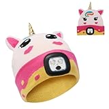 APODESS Einhorn Mütze mit Led Licht Kinder Leuchtmütze Led Mütze Kinder Wintermütze mit USB 4 LED Lampe Wiederaufladbare Stirnlampe Strickmütze Einhorn Geschenke für Mädchen Weihnachten Geburtstag