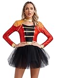 iEFiEL Damen Zirkus Kostüm Glitzer Pailletten Faschingskostüm Ringermaster Kostüme für Karneval Halloween Fasnacht Langarm Ballettkleid Tütü Tanzkleid Rot M