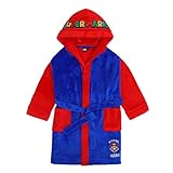 Super Mario Kinder Bademantel Morgenmantel, flauschig, Coral Fleece mit Kapuze, Logo, Junge, Mädchen (DE/NL/SE/PL, Numerisch, 140, Regular, Blau-Rot)