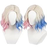 NiceLisa Wigs Blonde Kurze Welle Locken Perücken mit Rosa Blau Haar Frauen Anime Cosplay Perücke Kostüm Perücken