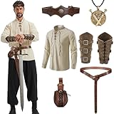 LIEOLGOH Mittelalter Hemd Viking Kostüm Herren Set, Renaissance Viktorian wikinger kostüm mit Herren Mittelalterliches Piratenhemd,Gürtel,Handgelenkschützer,Seitentasche,Kopfschmuck,Halsketten (XXL)