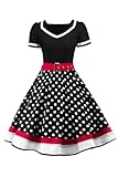 AXOE Damen 50er Jahre Kleider Rockabilly Petticoat Vintage mit Gürtel Schwarz Weiß Gepunktet, Gr.44, XXL