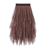 Geagodelia Tüllrock Damen Mädchen Elegant Weich Knielang/Lang Sommerrock Vintage Tütü Rüschen Tüll Rock One Size 36/38/40 F-47737 (Braun)
