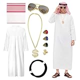 Scheich Kostüm Herren - Karneval Kostüm Scheich Araber, Arabisches Weißes Gewand mit Kopftuch, Sonnenbrille, Halskette und Ring, für Cosplay Party (XXL)