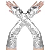 Fingerlose Handschuhe Lange Metallic Silber Halloween Damen Discokugel Kostüm Kunstleder Goth Rave Cosplay Punk Prom Lange Handschuhe Fingerlos Damen Leder Alien Kostüm Zubehör für den Abschlussball