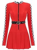 Aislor Damen Rennfahrer Kostüm Kleid Langarm Slim Fit Minikleid mit Zipper Gürtel Pullover Kleid Tenniskleid Halloween Karneval Party A Rot XXL