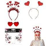 ZABARE Amor Kostüm Damen,2 Herz Haarreif Rot,2 Randlose Herz Brille mit Gesichtstattoo,Herz Stirnband Haarbänder Retro Partybrille Aufkleber für Valentinstag Hochzeit Geburtstag Party Foto Requisiten