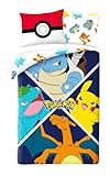 Halantex Bettwäsche Pokemon Évolution für Kinder, wendbar, Bettbezug 140 x 200 cm + Kissenbezug, Motiv: Pikachu, Turtok (Carapuce), Glurak (Glumanda) und Florisaur (Bulbizarre), POK611