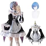 Fiamll Anime Rem Cosplay Kostüm Outfit Re Life In A Different World From Zero Maid Kleid Uniform Komplettes Set Karneval Dress Up Anzug mit Perücke für Frauen Mädchen XXL