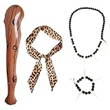EUPSIIU 4 Stück Wilde Höhlenmensch Kostüm Zubehör Aufblasbarer Streitkolben Leoparden Stirnband lfenbein Armband Halskette, Höhlenmensch Stab Höhle Kostüm für Damen Herren Karneval Cosplay (4PCS)