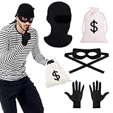 BOYATONG Bankräuber Kostüm, 4 Stück Dieb Kostüm, Panzerknacker Kostüm Accessoire, Bandit Kostüm mit Geldsack Augenmaske Schwarz Dieb Maske Handschuhe für Karneval Fasching Cosplay Gangster Mottoparty