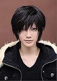 Sawekin Herren Schwarz Kurz Perücke 28cm Kunsthaar Kurzhaar kurze Perücke Anime Cosplay fuer Party Kostüm Gerade Schwarz