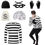 DAZZTIME Räuber Kostüm,Einbrecher Kostüm,Bankräuber Kostüm für Erwachsener, Räuber Kostüm Set,Halloween Kostümset für Räuber für Erwachsene,T-Shirt,Mütze,Handschuhen,für Karneval,Fasching,Mottoparty
