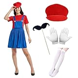 Ansamy Super Brüder Kostüm Kinder Erwachsene, Fasching Kostüm kinder, Verkleidung Halloween Karneval Cosplay Costüm Outfit für Mädchen Damen (Rot, L)