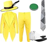 Maskierter Mann Kostüm für Erwachsene, Größe XXL, gelbe Anzugjacke und Hose, gelber Hut mit schwarzer Feder, gemusterte Krawatte, Spats, grüne Gesichtsfarbe – Erwachsenenkostüm für 90er-Jahre-TV-Film