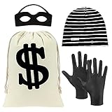 BTHRORO 4 Teiliges Räuber Kostüm Set Kinder, Dollar Geldbeutel Banditen Augenmaske Strickmütze Handschuhe für Kinder Bankräuber Cosplay Piraten Dieb Einbrecher Thema Party
