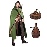 FSUJWOA Renaissance Kapuzenumhang Medieval Hobbit Waist Bag and Belt herren Hexenmantel mit Kapuze (Grüner)